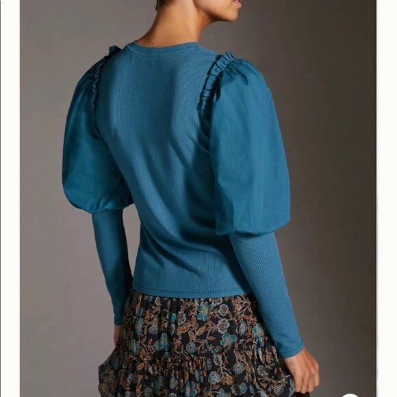 Anthropologie Ruffled Contrast Top | Size: XS Petite | Color: Turquoise - Picture 4 of 6